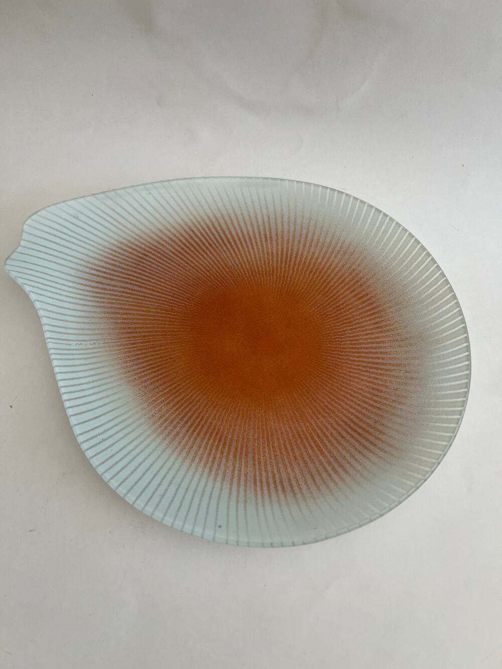 Signed Maurice Heaton Asymmetrical Glass Dish Orange Center MCM Art Abstract JL